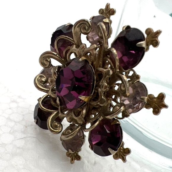 Vintage Purple Lavender Brooch Rhinestone Filigree Fleur-de-Lis Victorian Reviva - Picture 10 of 13
